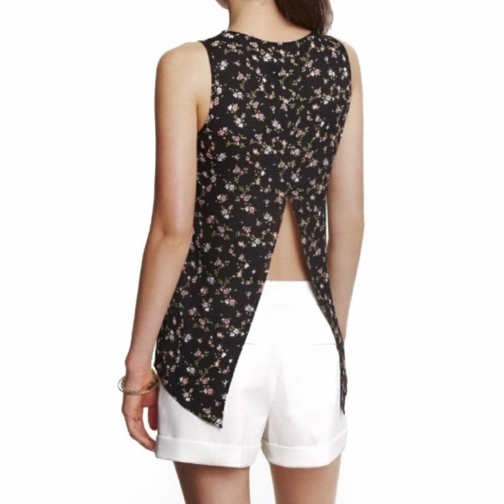 Express Split Open Back Sleeveless Tank Top Black Floral Blouse XS